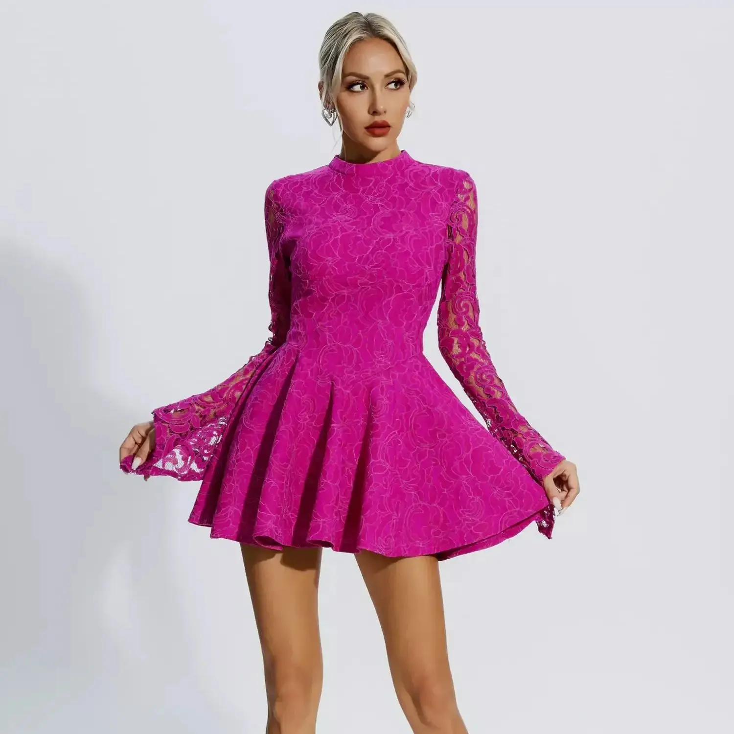 Top Trends: Fuchsia Lace Cocktail Dresses Women Long Sleeved Mini Skirt Short Prom Gowns Lace Up Cute Birthday Party Dress Shoppable Styles