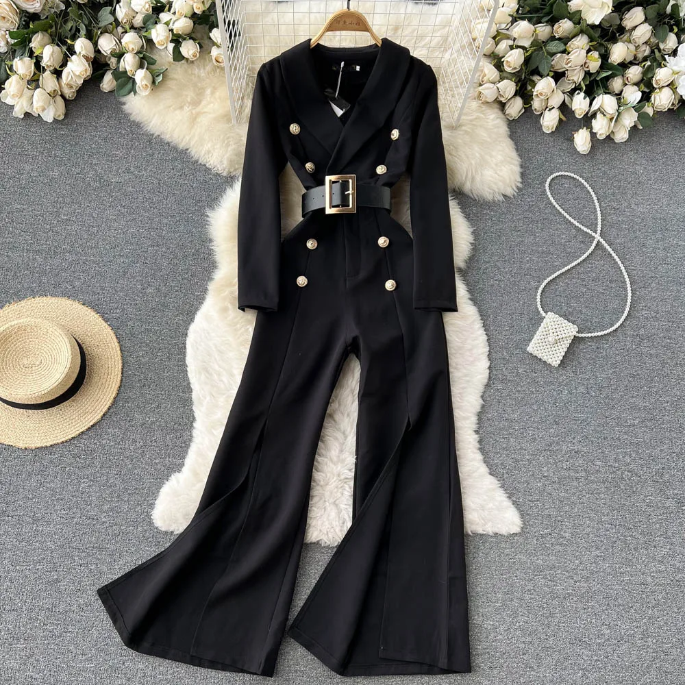 Top Trends: New Black Jumpsuit Temperament Long-sleeved Chiffon Straight Wide-leg Trousers Design Fashion Solid Color Office Lady 2022 Autum Shoppable Styles