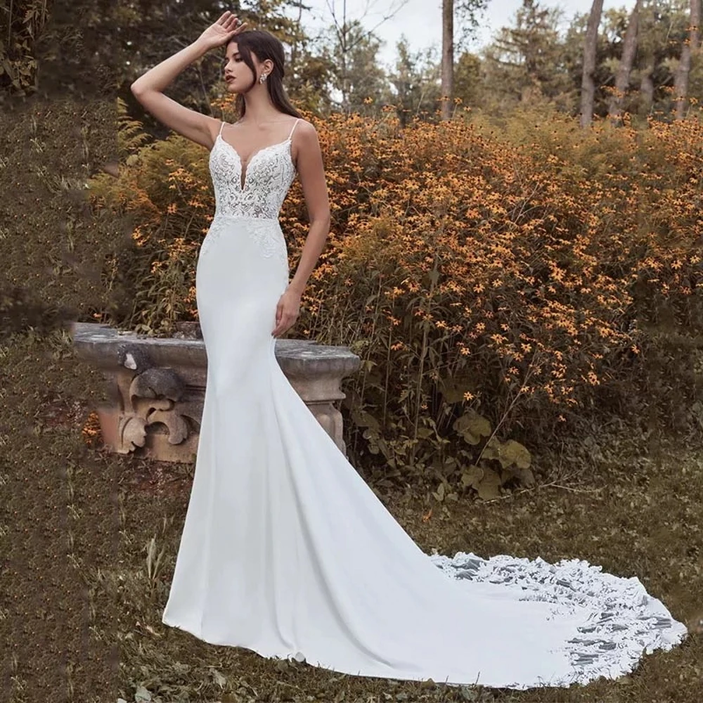 Top Trends: POMUSE V-Neck Boho Backless Wedding Dresses Mermaid Spaghetti Straps Ivory Wedding Gowns Custom Made Vestido De Novia For Women Shoppable Styles