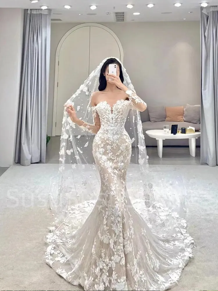 Top Trends: 2024 New Wedding Dress For Woman BOHO Robe Style Long Sleeve Backless Mermaid Lace Flowers Court Train Bride Vestido De Noiva Shoppable Styles