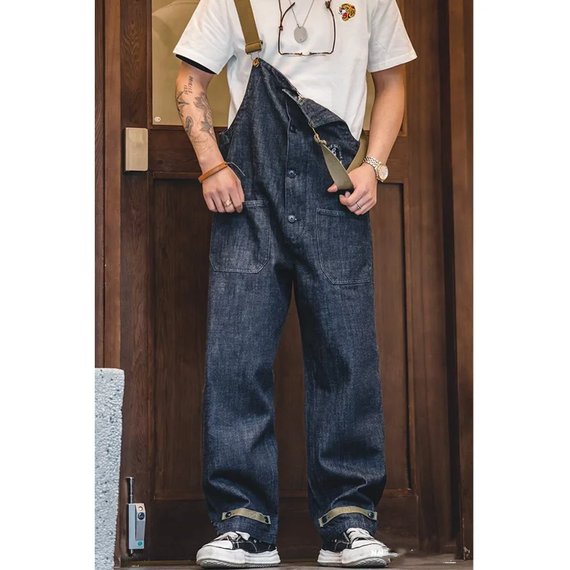 Top Trends: Retro Cargo Overalls Navy Deck Denim Bib Overalls Washed Denim Straight Jeans Japanese Men's Pocket Jumpsuit Trendy Street Wear Shoppable Styles