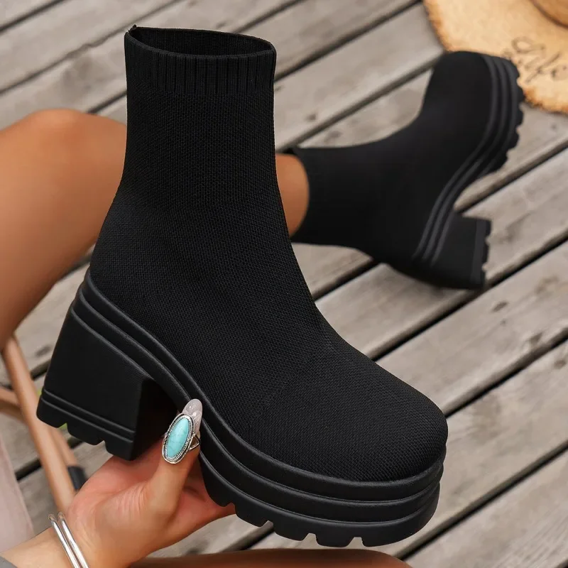 Top Trends: Maogu Casual High Heels Thick Bottom Woman Shoes 2023 New Autumn Boot Fashion Knitted Women Ankle Short Barrel Boots Platform 42 Shoppable Styles