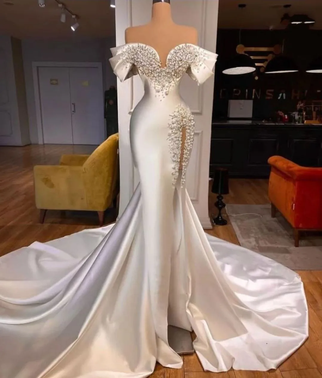 Top Trends: Satin Exquisite Wedding Dress Pearls Bead Sleeveless Off Shoulder Side Slit V Neck Floor Length Bridal Gowns Vestido De Novia Shoppable Styles