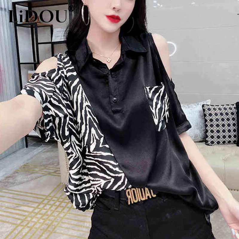 Top Trends: Summer New Streetwear Leopard Patchwork Off Shoulder Pullover Blouse Ladies Polo-neck Short Sleeve Shirt Top Women's Clothing Shoppable Styles