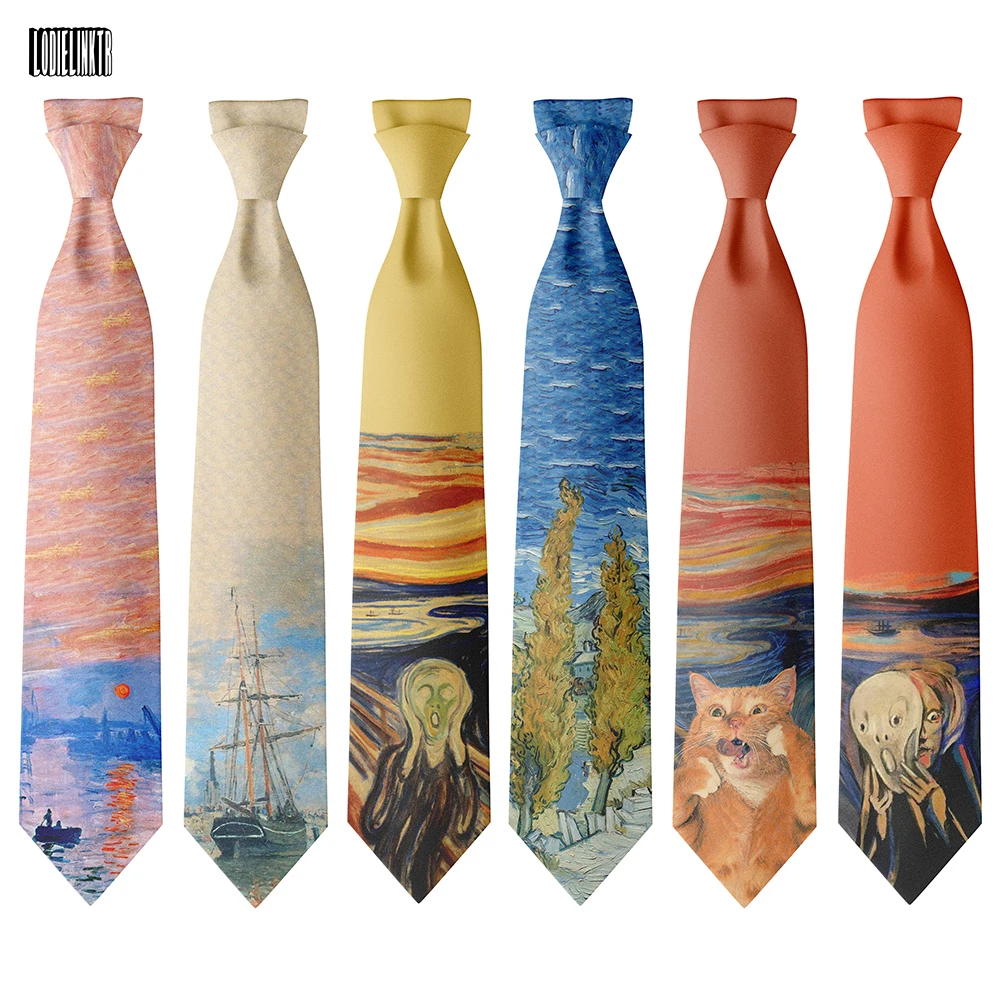 Top Trends: Fashion 8cm Wide Polyester Ties Oil Painting The Scream Sailboat Cat Funny Necktie Leisure Party Wedding Shirt Suits Accessories Shoppable Styles