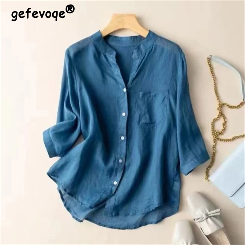 Top Trends: Women&#039;s Clothing Summer Retro Simple Casual Cotton Linen Shirt V Neck 3 / 4 Sleeve Loose Blouse Solid Irregular Tops Female Blusas Shoppable Styles