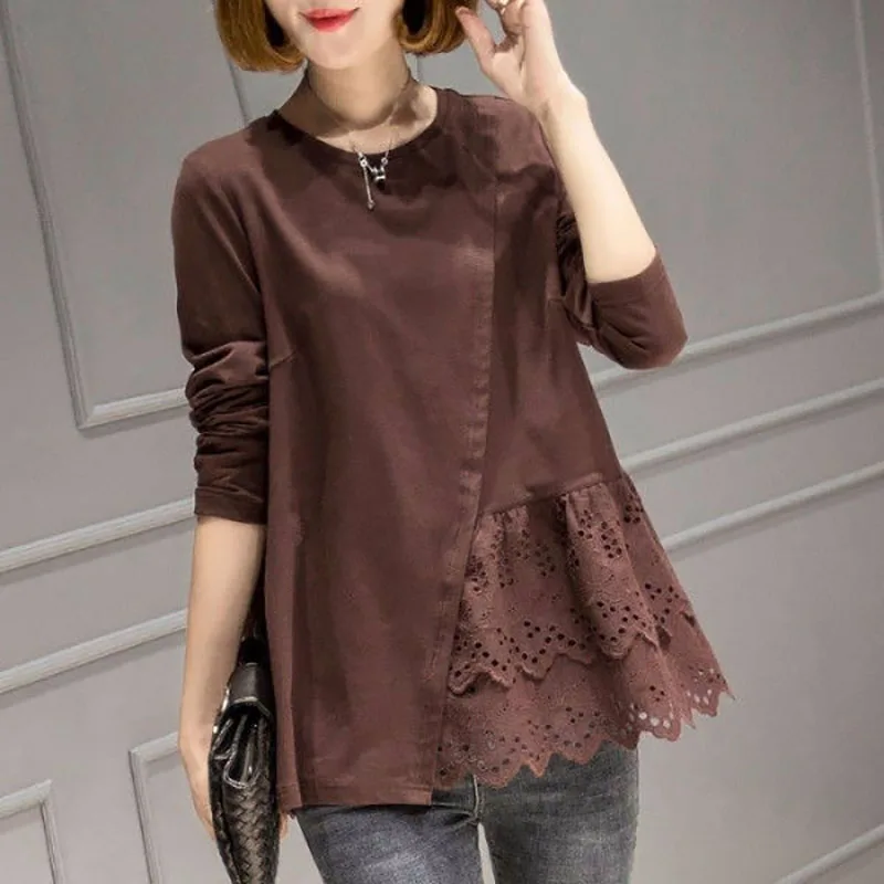 Top Trends: Fashion O-Neck Spliced Hollow Out Lace Blouse Female Clothing 2023 Autumn Winter New Oversized Casual Pullovers Asymmetric Shirt Shoppable Styles