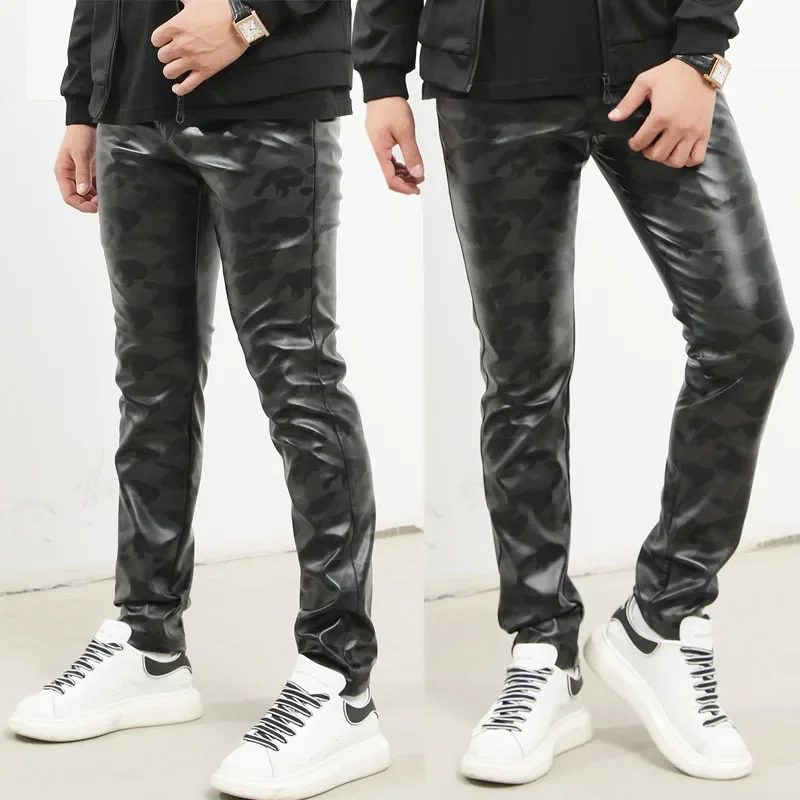 Top Trends: Autumn Men Leather Pants Skinny Fit Elastic Style Fashion PU Leather Trousers Motorcycle Pants Thin Streetwear Camouflage Shoppable Styles