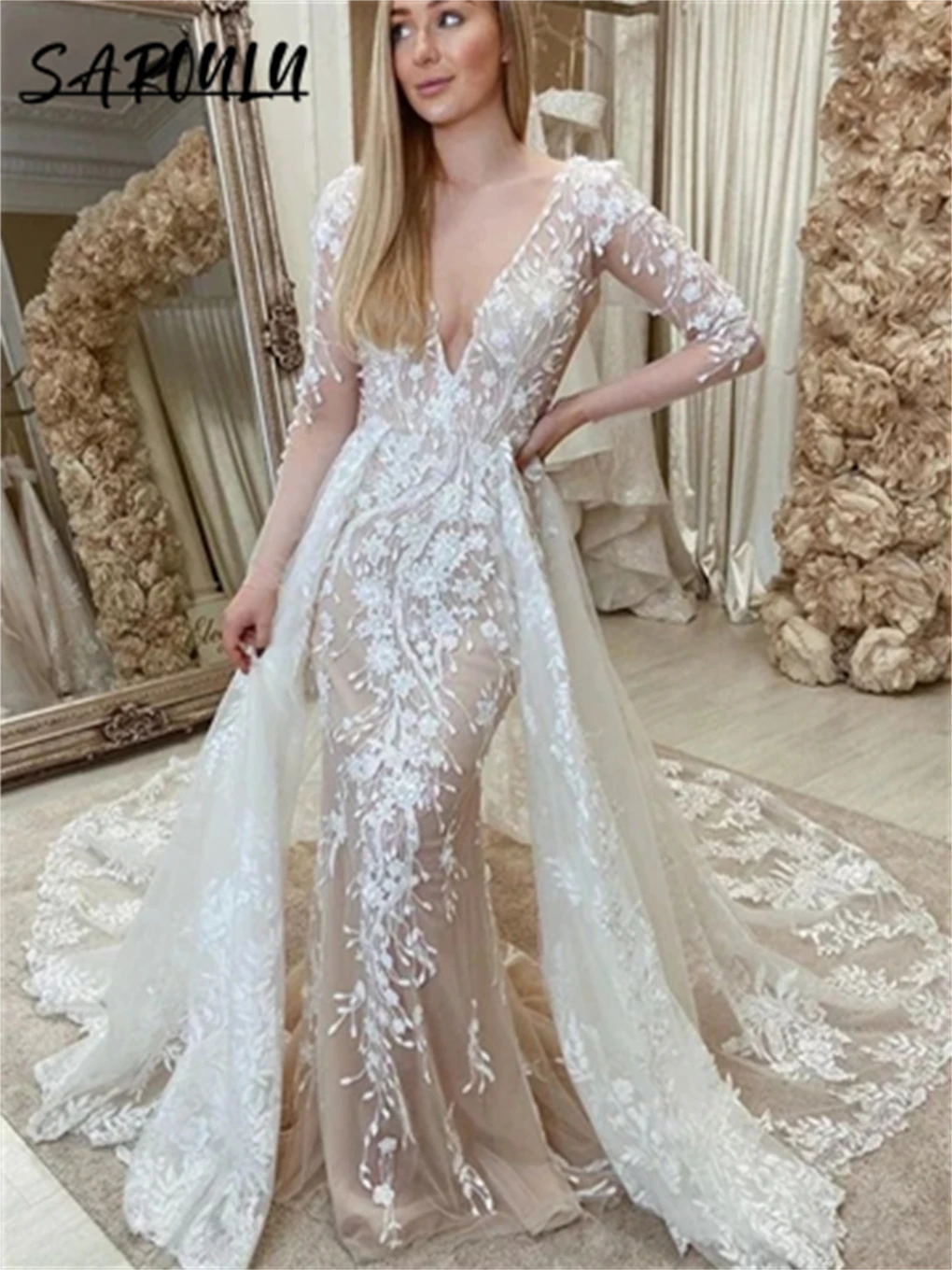 Top Trends: Attached Train Lace Backless Mermaid Wedding Dress Long Sleeve Mermaid 2 Pieces Deep V Neck Bride Dresses Court Tail Bridal Gown Shoppable Styles