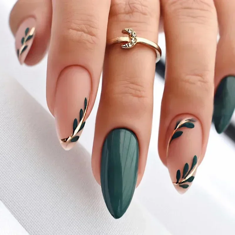 Top Trends: 24Pcs Simple Almond Fake Nails With Green Leaves Design Elliptic Acrylic False Nails Wearable French Press On Nail Manicure Tips Shoppable Styles