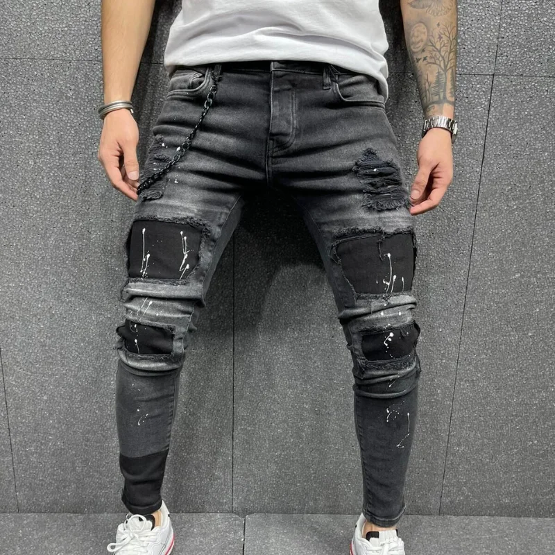 Top Trends: New Men's Four Seasons Small Foot Pencil Pants Striped Denim Nine-Part Pants Patchwork Pattern Jeans 2022 New Men's Jeans Shoppable Styles