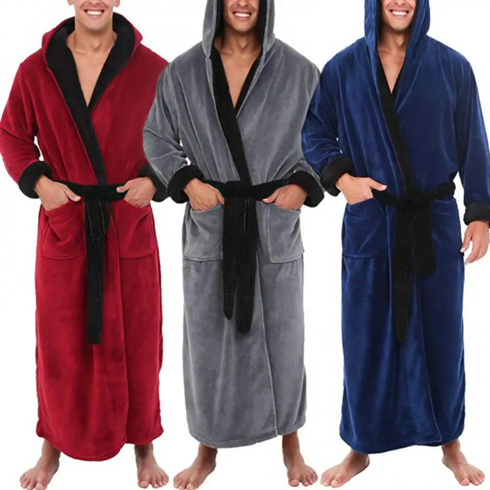 Top Trends: Men Soft Warm Coral Fleece Color Block Pockets Long Bath Robe Home Gown Sleepwear Autumn Winter Home Clothing Shoppable Styles