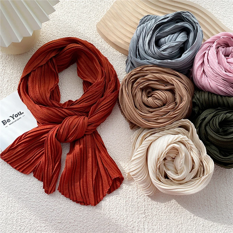 Top Trends: 2022 Women Cotton Linen Pleated Scarf Head Hijab Wrap Solid Full Cover-up Shawls Foulard Femme Headband Crinkle Muslim Headscarf Shoppable Styles - Image 2