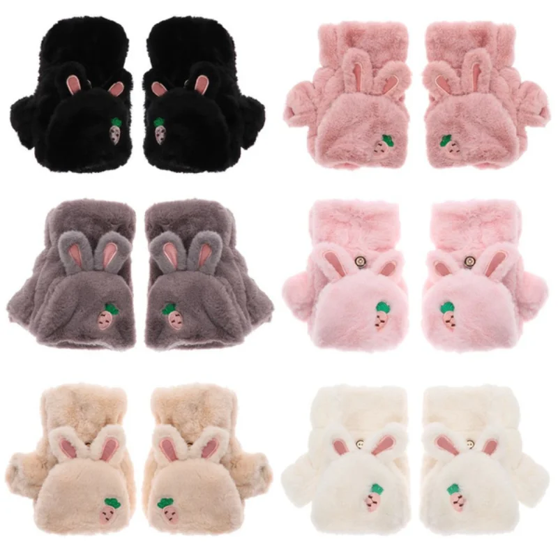 Top Trends: 2022 Winter Warm Soft Rabbit Fur Knit Mittens Women Flip Half Finger Driving Gloves Plush Thick Cute Cat Touchscreen Gloves Shoppable Styles