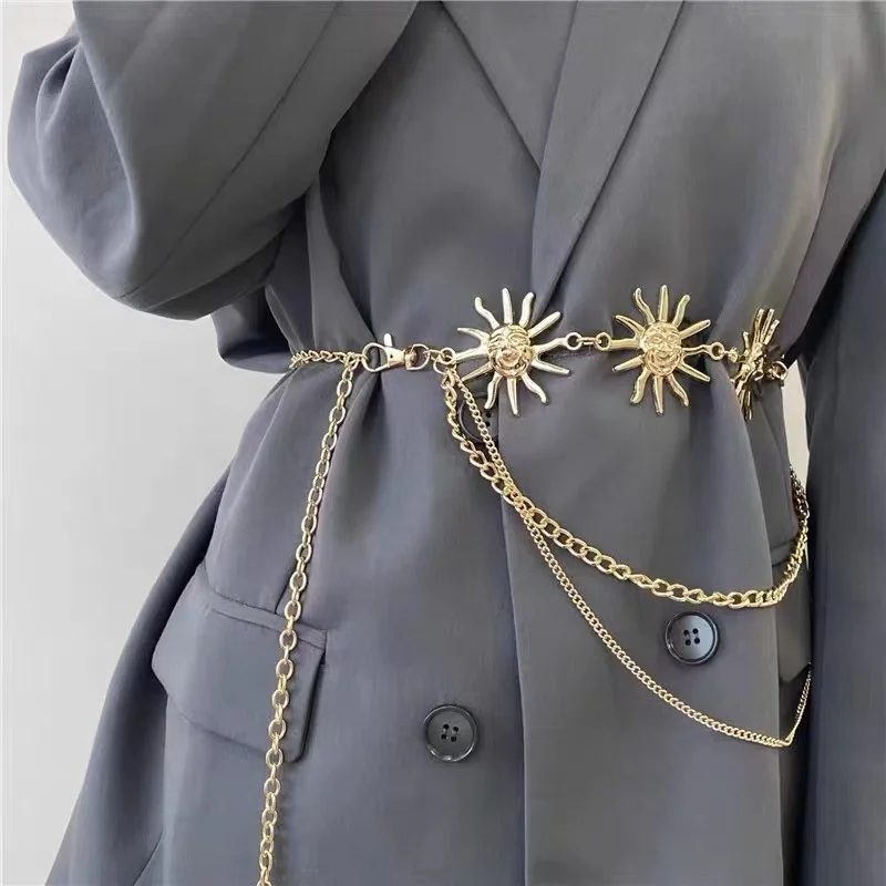 Top Trends: Women Fashion Metal Chain Belt Gold Silver Narrow Chunky Fringes Sun Pendant Hip High Waist Chain Female Dress Jeans Waistband Shoppable Styles