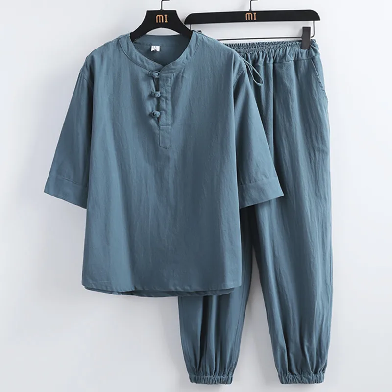 Top Trends: Retro Chinese Style Zen Tea Shirts Pants Kung Fu Uniform Medieval Viking Fashion Casual T-shirt Trousers Tang Suit Men Sets Shoppable Styles