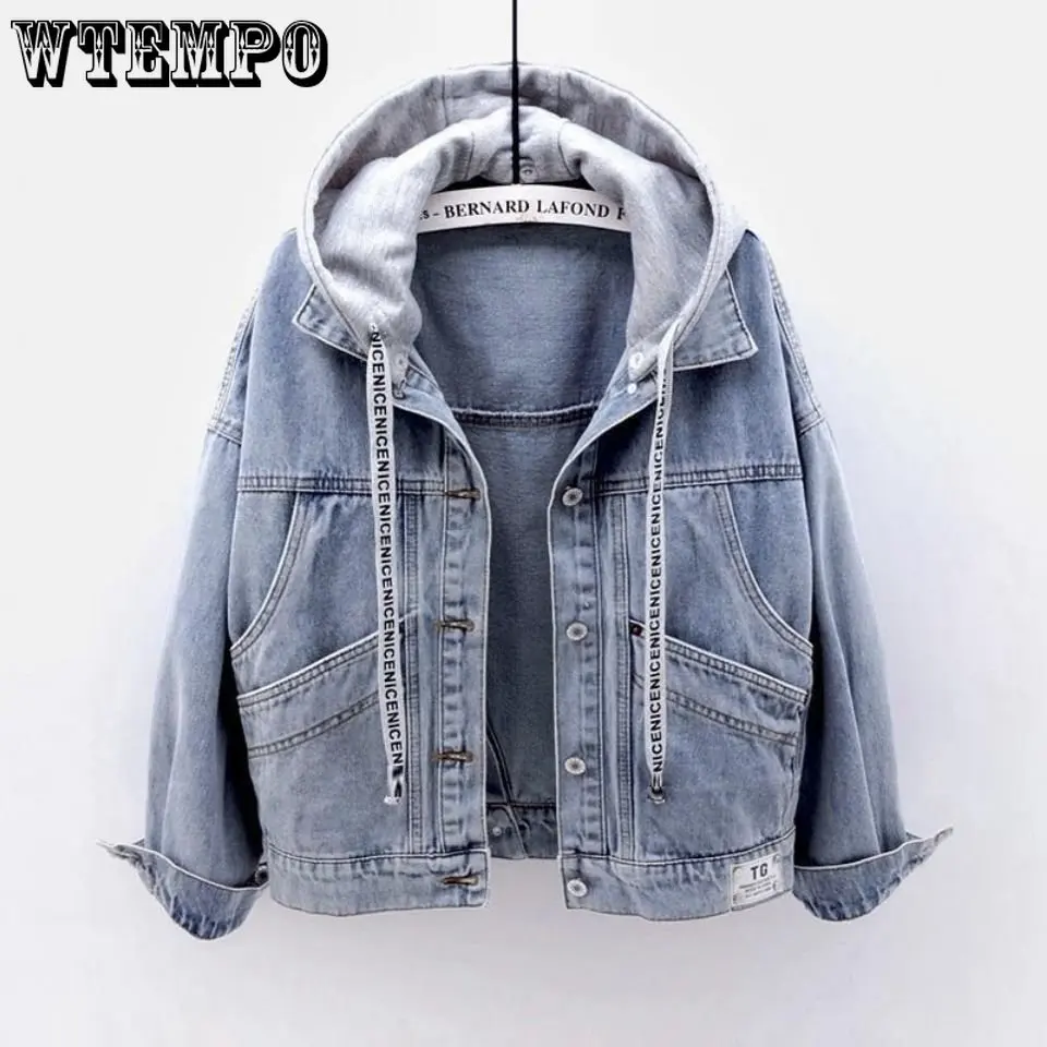 Top Trends: WTEMPO Women Spliced Hoodie Drawstring Long Sleeve Denim Coat Button Down Hoody Blue Black Jean Spring Autumn Outwear Shoppable Styles