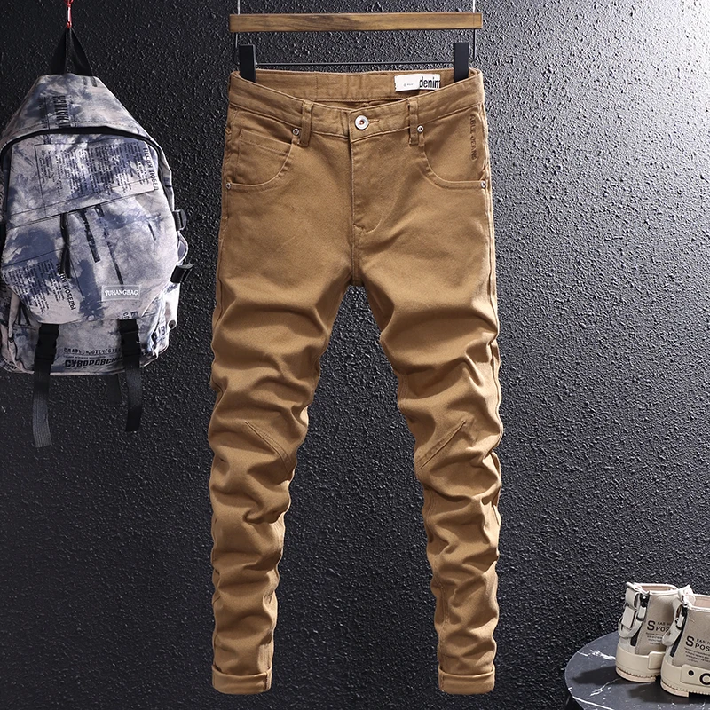 Top Trends: Newly Designer Men Jeans Khaki Brown Elastic Slim Fit Stretch Jeans Men Vintage Trousers Korean Simple Casual Denim Pants Hombre Shoppable Styles