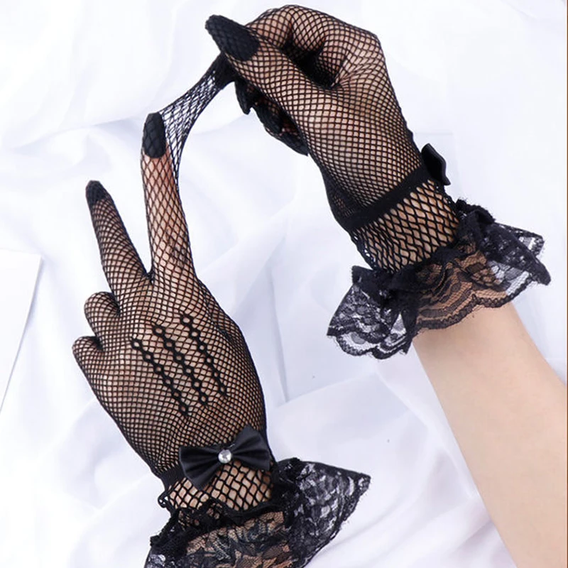 Top Trends: Women's Uv-proof Driving Gloves Rhinestone Bow Lace Design Sheer Fishnet Full Finger Mittens Mesh Fishnet Gloves 1 Pair Shoppable Styles - Image 2