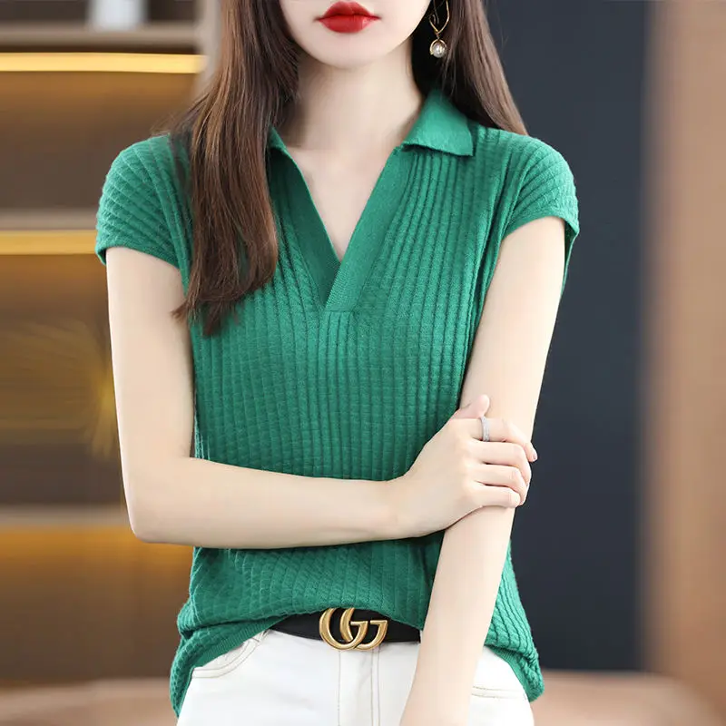 Top Trends: Fashion Lapel Solid Color Short Sleeve Shirt Summer All-match Casual Pullovers 2022 Women Clothing Loose Commute Knitted Blouse Shoppable Styles