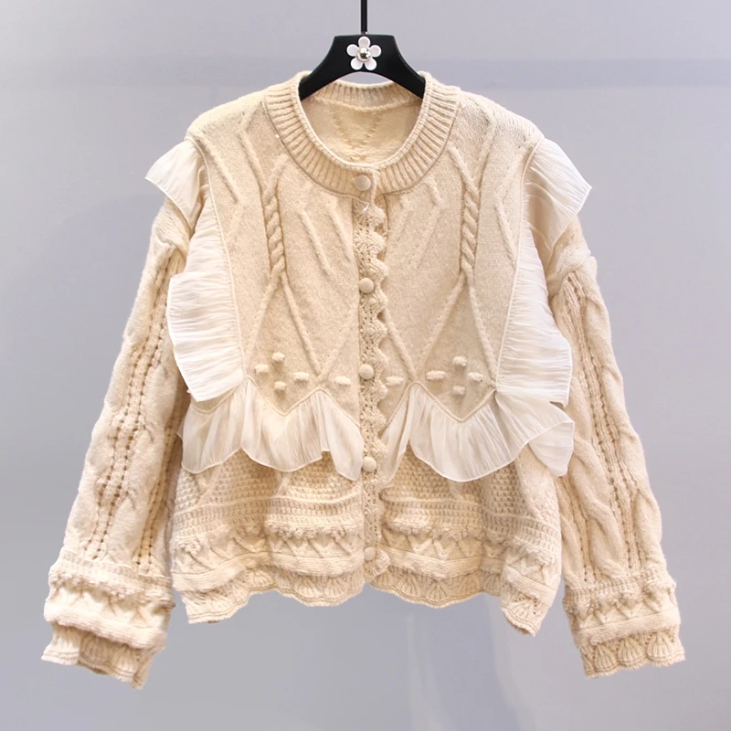 Top Trends: Stylish Fashion Loose Knit Cardigan Coat Women Sweater Jacket 2023 Autumn Winter Ruffles Long Sleeve Single-breasted Knitwear Shoppable Styles