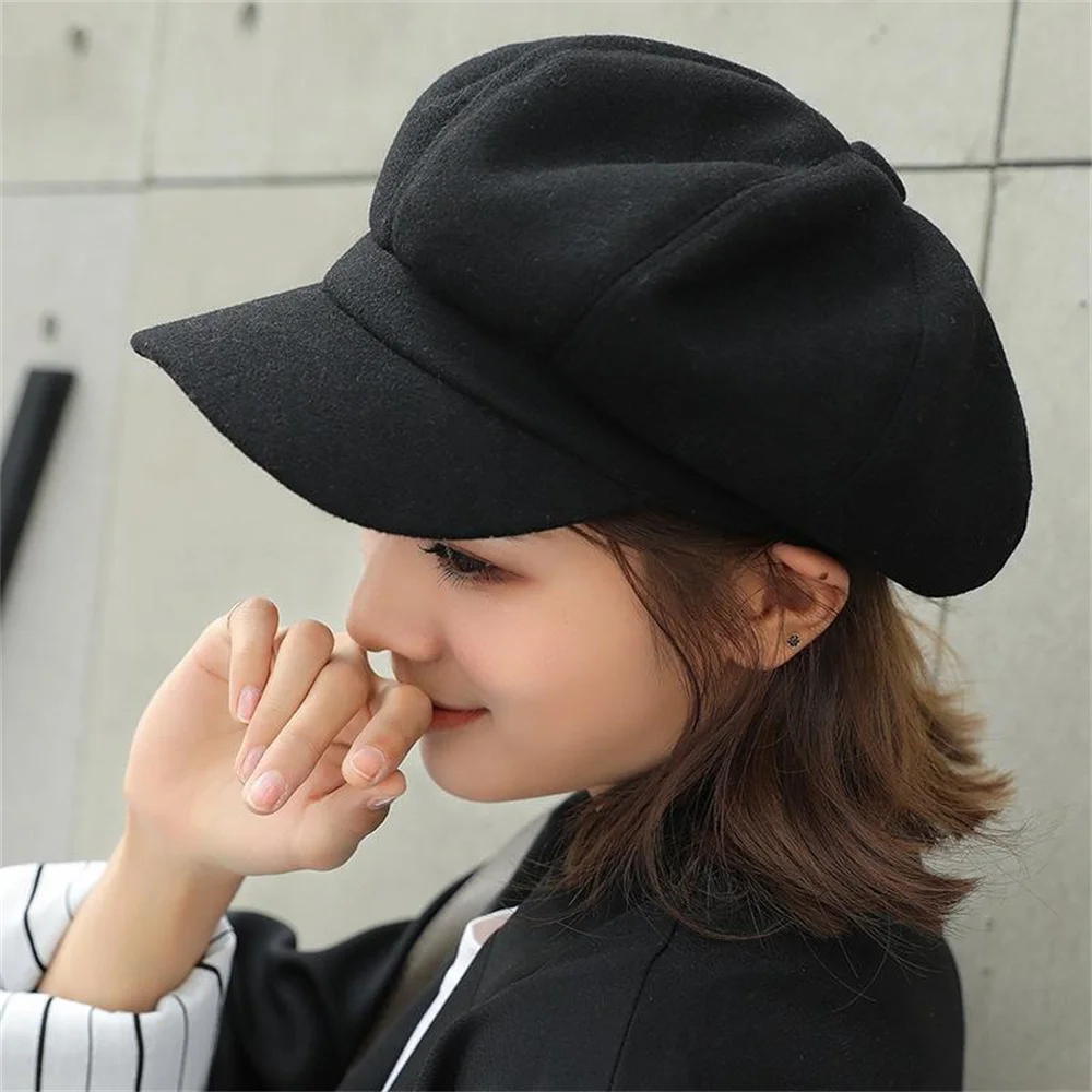 Top Trends: Women‘s Winter Vintage Berets Caps French Artist Warm Felt Hats Beret Female Solid Octagonal Hats 2023 Autumn Girl Newsboy Cap Shoppable Styles - Image 4