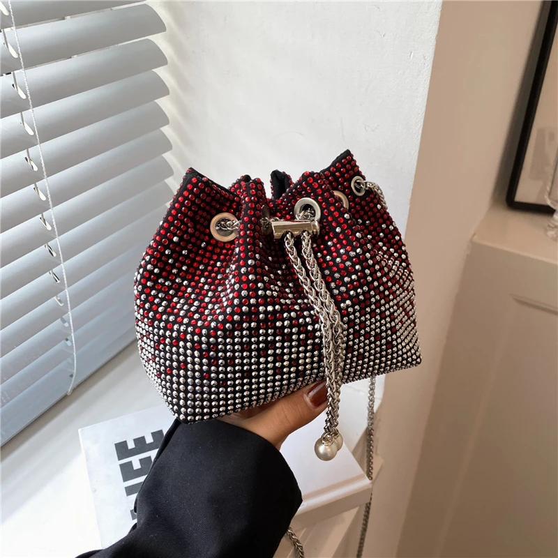 Top Trends: Women Fashion Drawstring Bucket Shoulder Bags Luxury Rhinestone Evening Party Chain Crossbody Pouch Female Small Purse Handbags Shoppable Styles