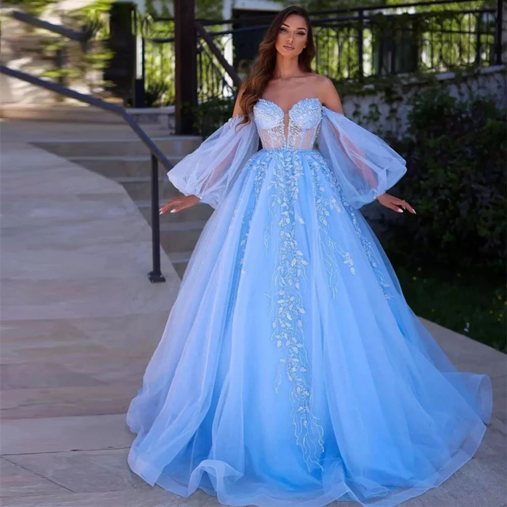 Top Trends: Charming Sky Blue Shiny Appliques Lace Beaded Prom Dress Detachable Puff Sleeves Tulle Ball Gowns Corset Princess Evening Gown Shoppable Styles