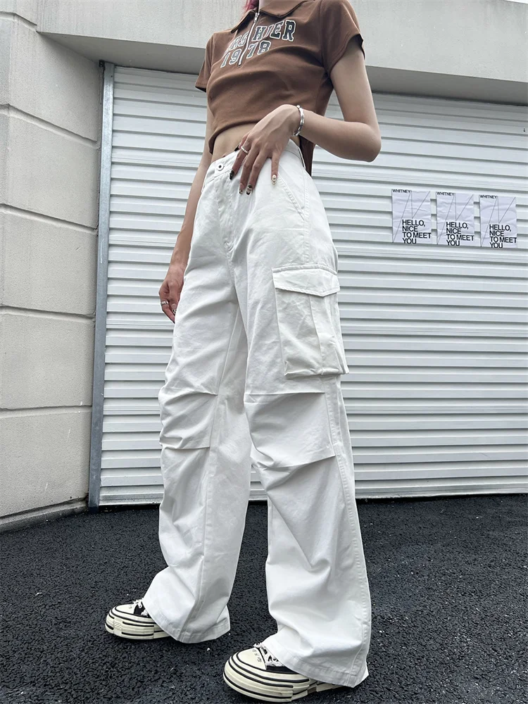 Top Trends: QWEEK Cyber Y2K White Cargo Pants Women Korean Style Egirl Brown Wide Leg Trousers Oversized Streetwear Hip Hop Pleated Pantalon Shoppable Styles