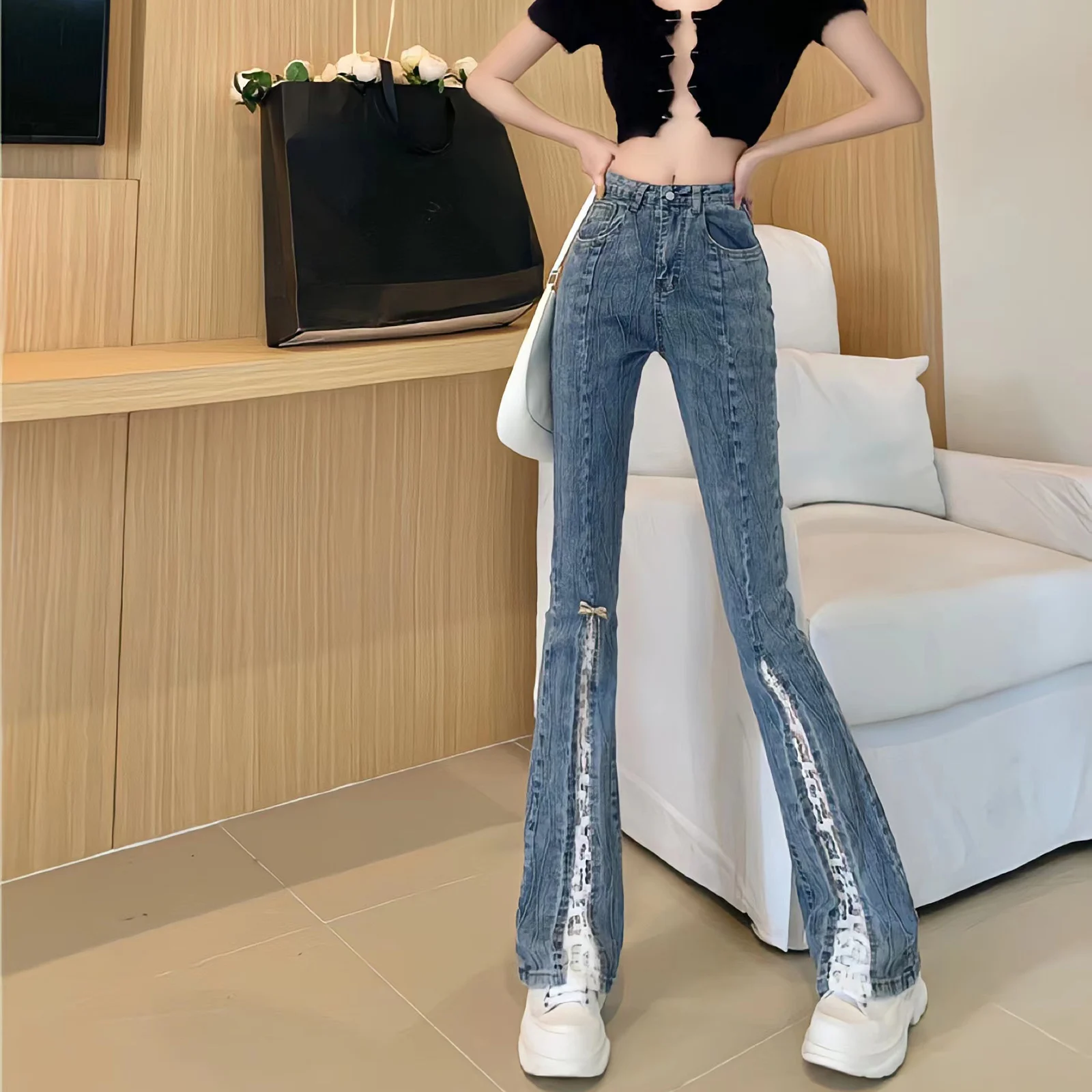 Top Trends: New Women Jeans Front-Slit Spliced Flare Elegant Korean Style Casual Trendy Retro Chic Lace Denim Pants Y2k 90s Women&#039;S Trousers Shoppable Styles