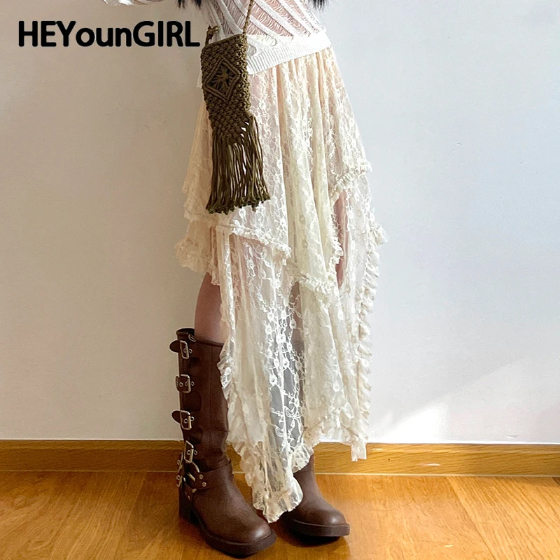 Top Trends: HEYounGIRL Lace Asymmetrical Skirt Fairycore Holiday Women Y2K Clothes High Waist Fashion Cute Mid Skirts Vintage Aesthetic Lady Shoppable Styles