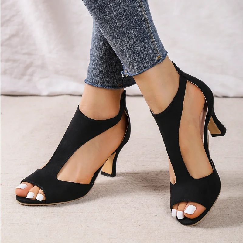 Top Trends: 2023 Summer New Brushed Leather Fish Mouth Sandals Women's Back Zipper Sexy Solid Color Comfortable High Heel Single Shoes Women Shoppable Styles