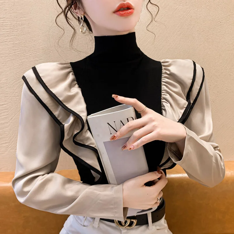 Top Trends: Stylish Turtleneck Spliced Folds Ruffles Blouse Female Clothing 2023 Autumn New Casual Pullovers All-match Office Lady Shirt Shoppable Styles