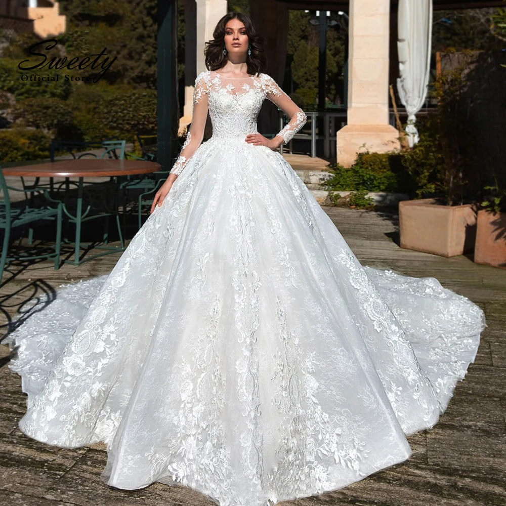 Top Trends: Luxury Shining Wedding Dress Organza With Embroidery Ball Gown High O-Neck Full Sleeve ​Bridal Gowns BackLace Up Robes De Mariée Shoppable Styles