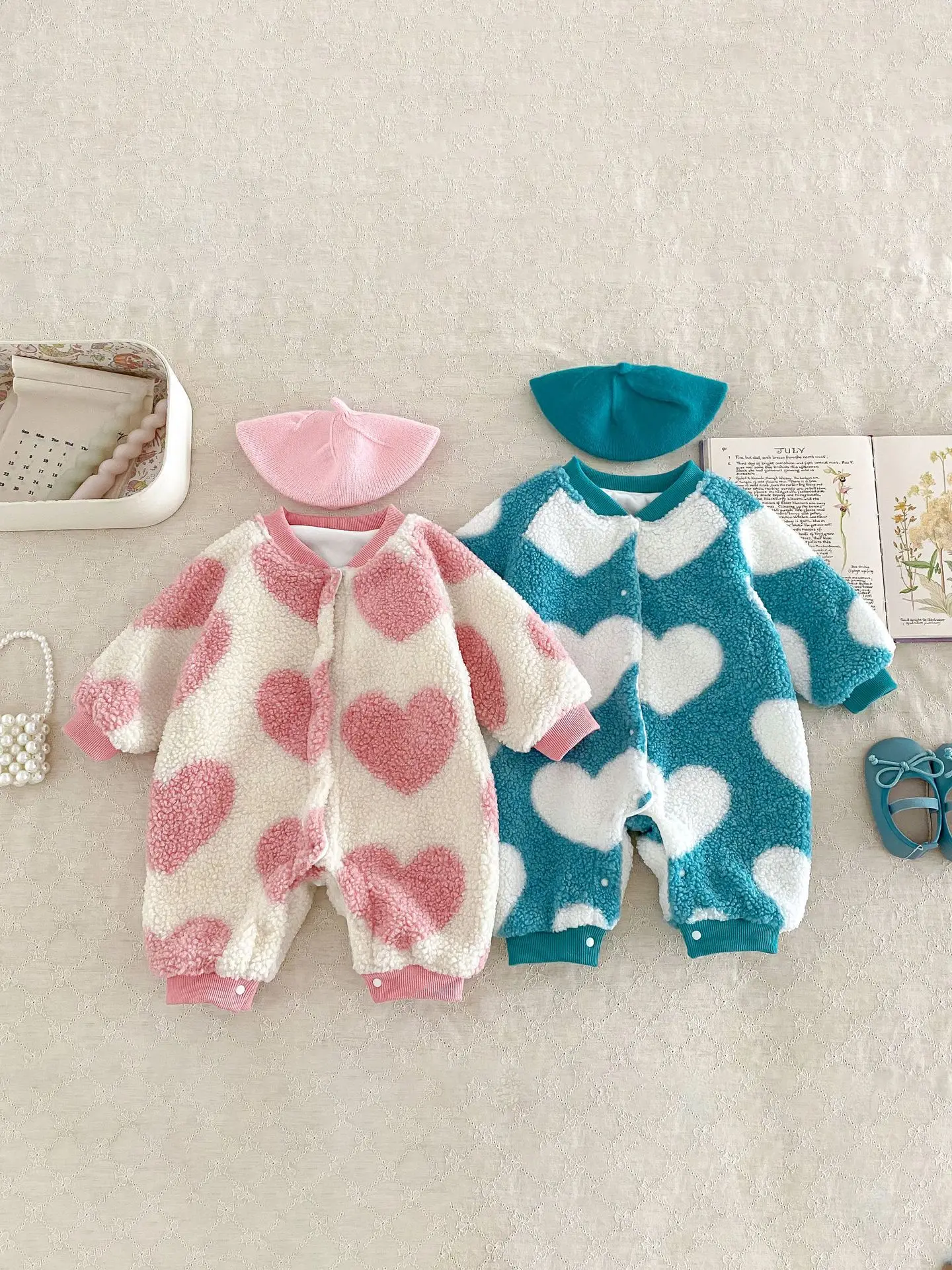 Top Trends: 2023 Winter New Baby Girl Cute Heart Print Romper Long Sleeve Newborn Thick Warm Jumpsuit Infant Fleece Clothes 0-24M Shoppable Styles