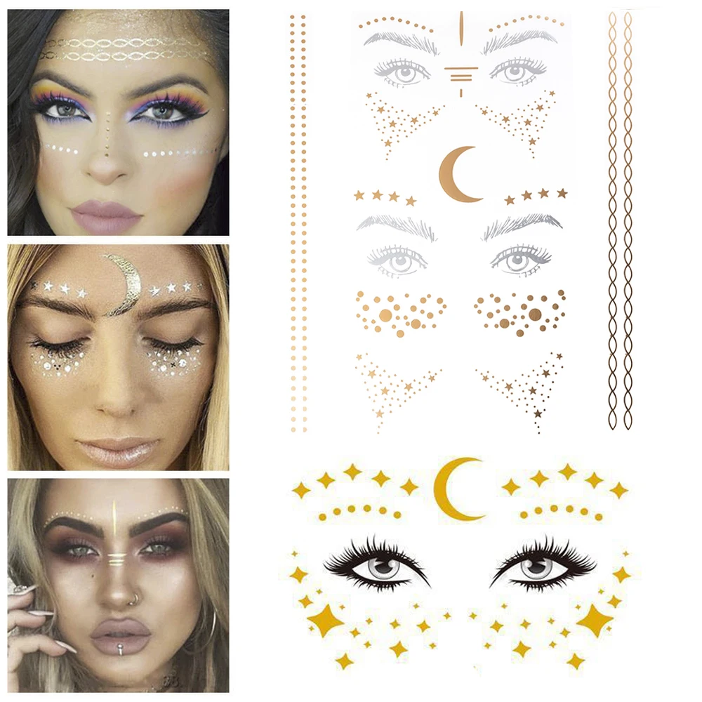 Top Trends: Gold Face Stickers Waterproof Temporary Face Tattoo Festival Sticker Facial Adhesive Glitters For Carnival Makeup Eye Decals Shoppable Styles