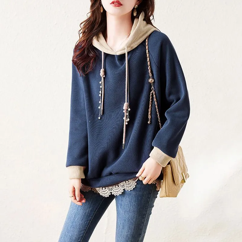 Top Trends: Female Clothing Solid Color Lace Spliced Hooded Sweatshirts Casual Autumn Winter Fleece Warm Drawstring Pearl Korean Pullovers Shoppable Styles