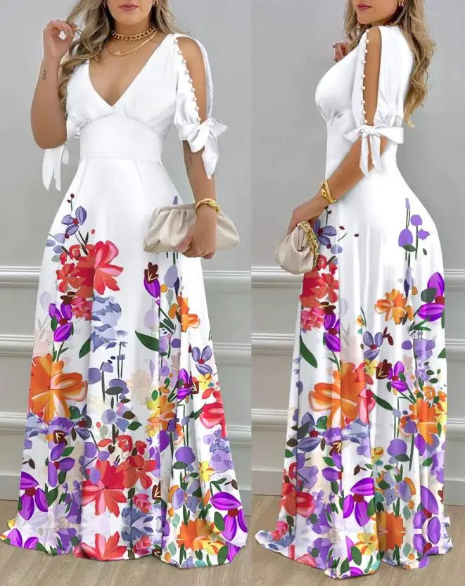 Top Trends: Elegant French Retro Party A Line Dresses 2023 Summer Ruffles Floral Print Split Sleeve Design Female Pearls Decor Maxi Dress Shoppable Styles