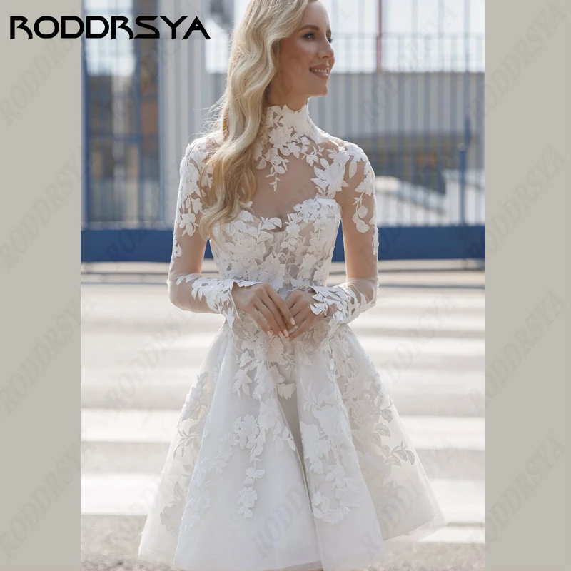 Top Trends: RODDRSYA High Neck Wedding Dress Long Sleeve Bridal Gown Illusion ButtonBack Robe De Mariée Sexy Lace Applique Tull Bride Party Shoppable Styles