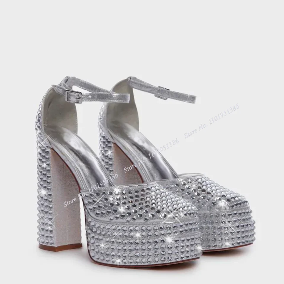 Top Trends: Moraima Snc Silver Crystal Platform Sandals Pumps Ankle Buckle Solid Shoes Sandals For Women Chunky High Heel Zapatillas Mujer Shoppable Styles