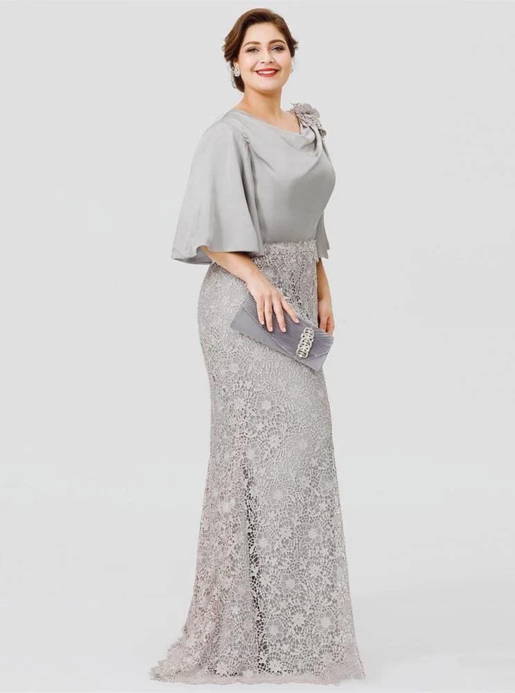 Top Trends: Silver Grey Stain Mother Of The Bride Dress O-Neck 3 / 4 Sleeves Zipper Lace Plus Size Wedding Guest Evening Party Gowns Mermaid Shoppable Styles