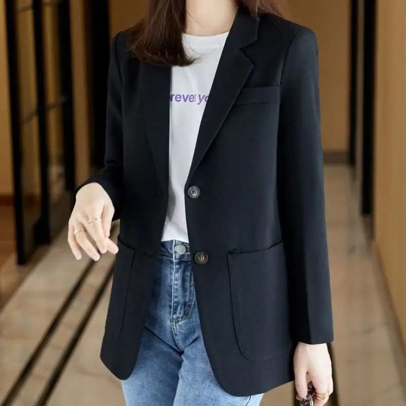 Top Trends: 2023 Spring And Autumn Korean Edition Commuter Simple Loose Versatile Suit Collar Double Button Mid Length Solid Women&#039;s Suit Shoppable Styles