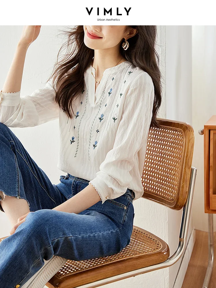 Top Trends: Vimly Floral Embroidered White Blouse Women Spring Autumn Long Sleeve Tops French Style Straight Casual Female Blouses M2552 Shoppable Styles - Image 5