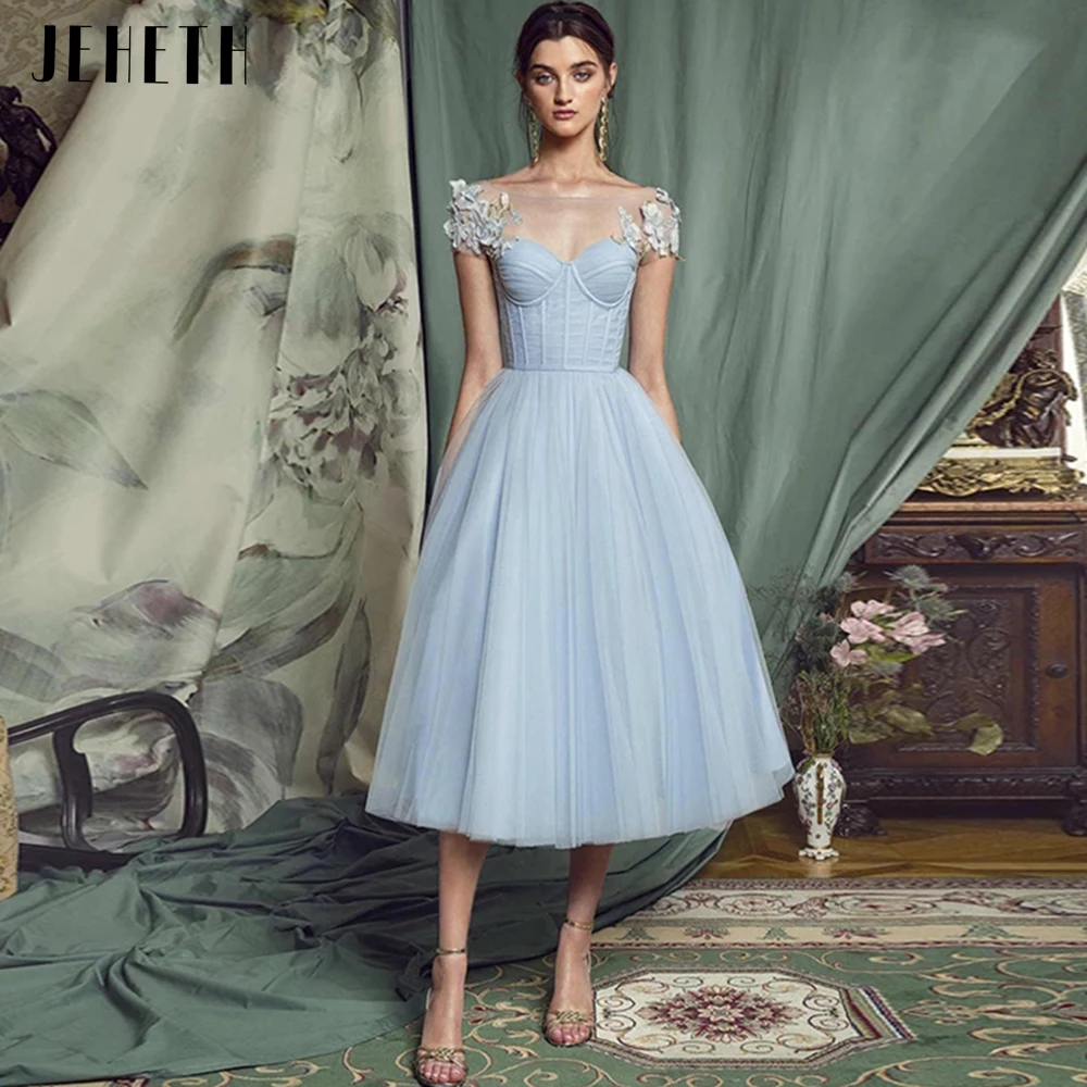 Top Trends: JEHETH Sky Blue A Line Short Evening Dresses 2022 3D Appliques Lace-up Back Tea Length Vestidos De Fiesta Formal Party Dress Shoppable Styles - Image 3