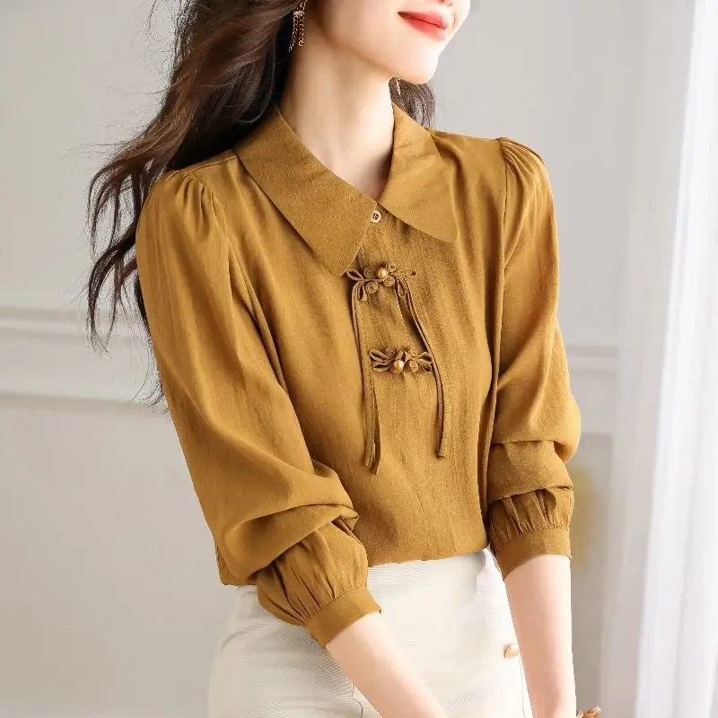 Top Trends: Spring Summer Turn-down Collar Blouse Commute Women's Clothing Fashion Solid Color All-match Vintage Chinese Disc Buckle Shirt Shoppable Styles