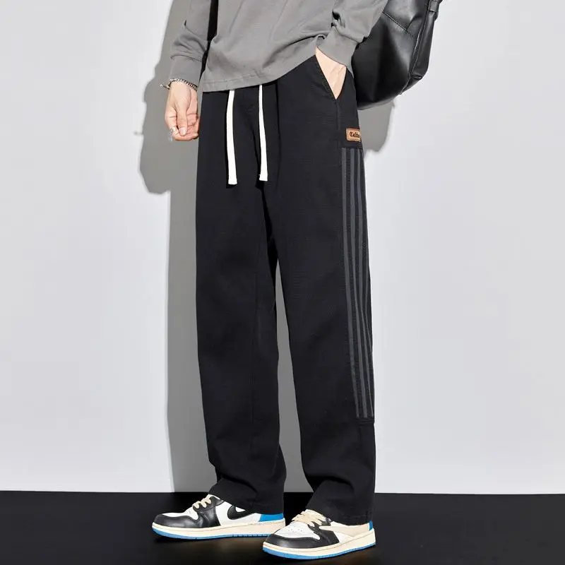 Top Trends: Korean Fashion Loose Versatile Casual Pants Men Solid Stripe Elastic Waist Drawstring Pockets Wide Leg Straight Sports Trousers Shoppable Styles