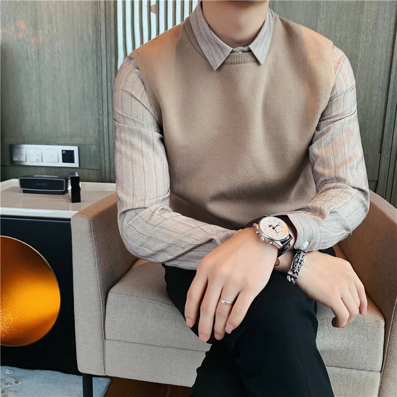 Top Trends: Brand Clothing Men High Quality Casual Knit Sweaters / Male Slim Fit Fake Two Piece Knit Shirts Striped Shirt Plus Size S-4XL Shoppable Styles