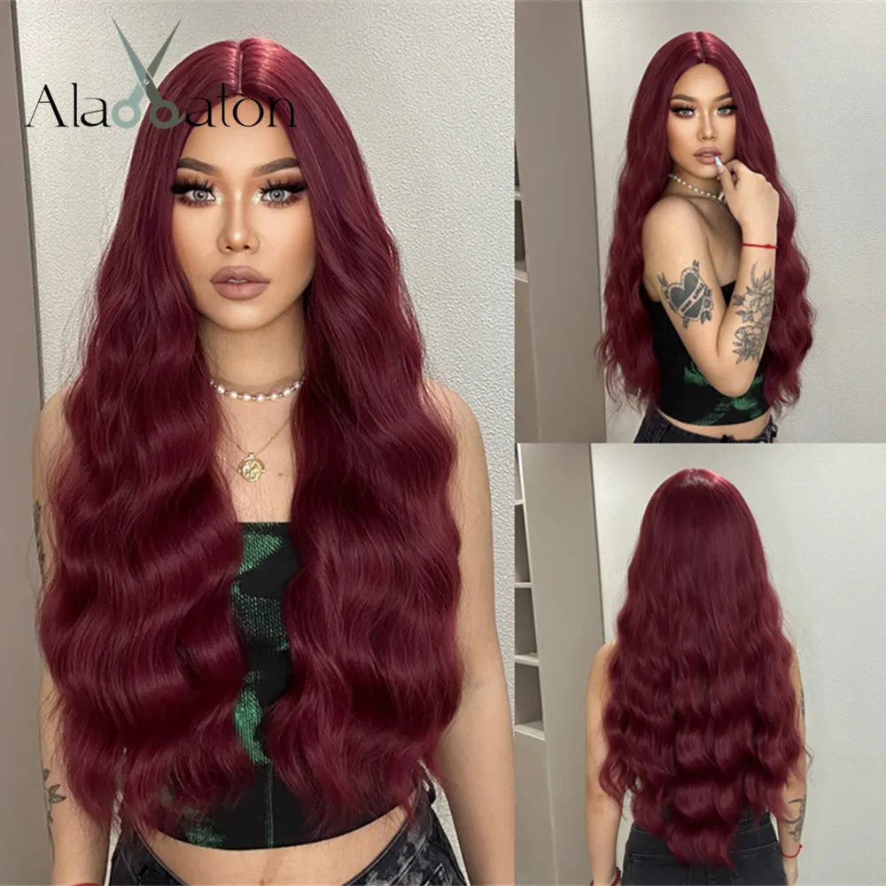 Top Trends: ALAN EATON Long Burgundy Wave Synthetic Hair Wigs Natural Middle Part Wine Red Wig For Daily Party Use Women Heat Resistant Wig Shoppable Styles