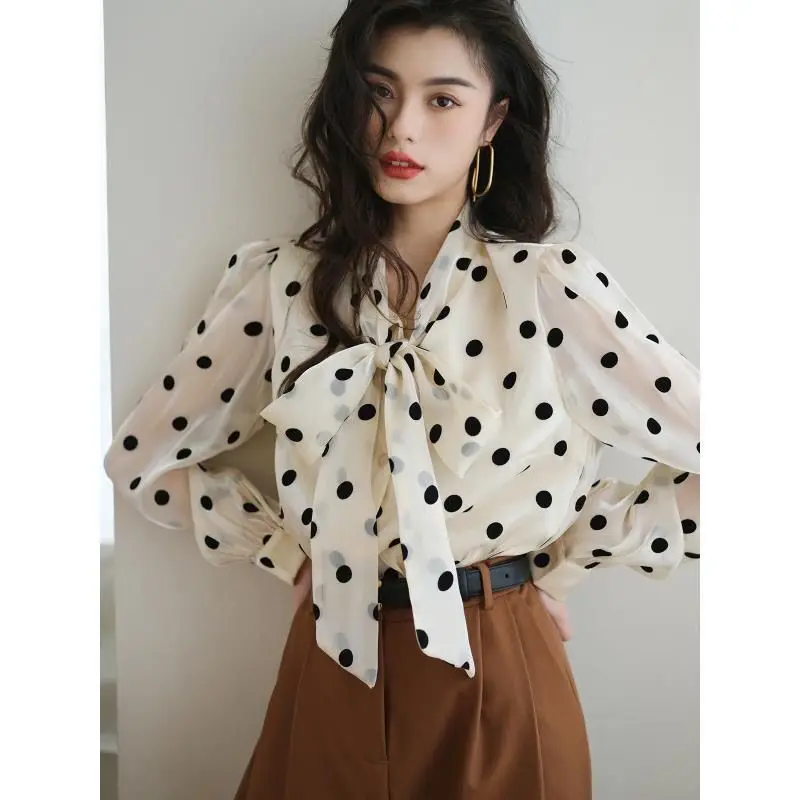 Top Trends: Fashion Printed Spliced Lace Up Bow Polka Dot Shirts Women Clothing 2023 Autumn Winter Loose All-match Tops Office Lady Blouses Shoppable Styles