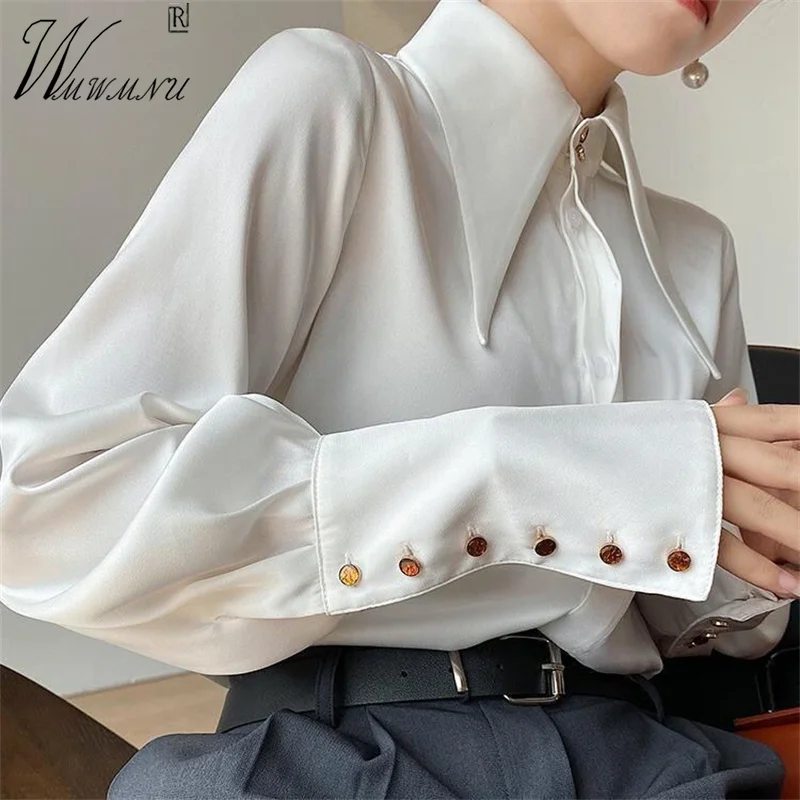 Top Trends: Luxury Design Thin Blouses Satin Shirts Pointed Collar Women&#039;s White Blouse Fashion 2023 Spring Tops Long Sleeve Blusas Mujer Shoppable Styles